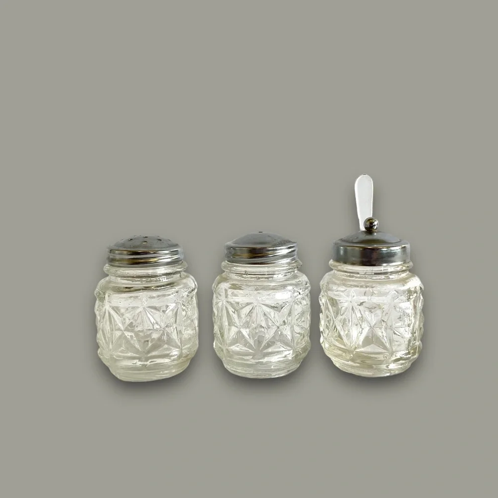 Vintage 3pc Glass Salt, Pepper, Jam or Sugar - Picture 2 of 9